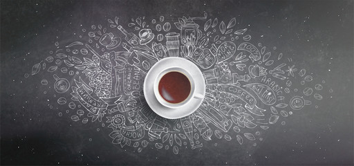 Coffee chalk illustrated concept on black board background - white coffee cup, top view with chalk doodle illustration about coffee, beans, morning, espresso in cafe, breakfast. Morning coffee