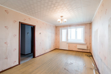 Russia, Moscow- August 01, 2019: interior room apartment. decrepit old careless not modern setting. cosmetic repairs required