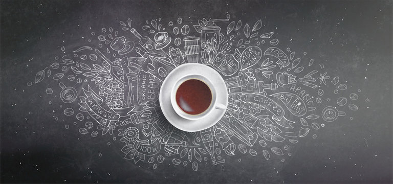 Coffee chalk illustrated concept on black board background - white coffee cup, top view with chalk doodle illustration about coffee, beans, morning, espresso in cafe, breakfast. Morning coffee