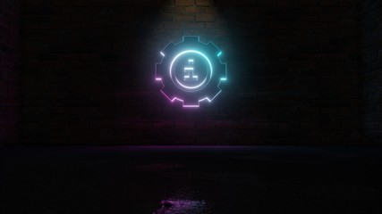 3D rendering of blue violet neon symbol of info icon on brick wall
