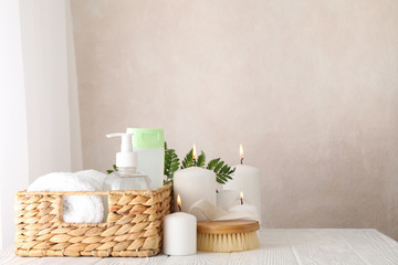 Composition with spa accessories on white background. Bodycare