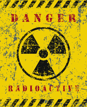 Yellow and black grunge Radioactive radiation warning icon symbol shape. Atomic energy nuclear dangerous caution logo sign. Vector illustration image. Isolated on yellow background. 