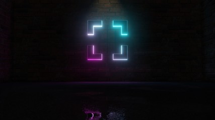 3D rendering of blue violet neon symbol of interface icon on brick wall