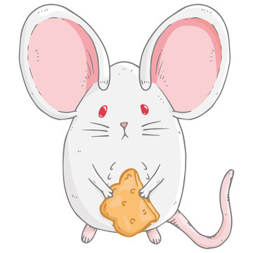 Mouse with cookie icon. Vector illustration of a cute little mouse with big ears. Hand drawn cartoon mouse holds a piece of cracker.