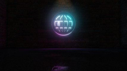 3D rendering of blue violet neon symbol of internet icon on brick wall