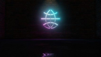 3D rendering of blue violet neon symbol of internet icon on brick wall
