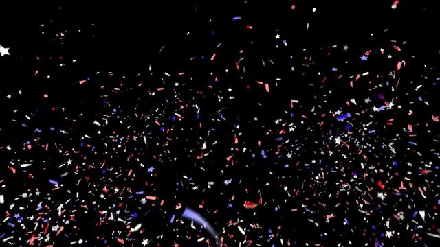 Blue, Red, and White festive confetti explosion falling down on a black and green background.