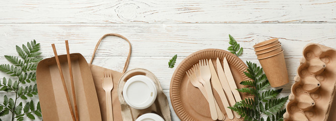 Concept with eco - friendly tableware and plant on wooden background, copy space