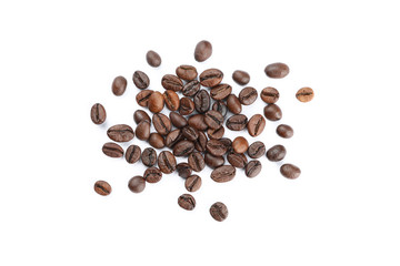 Naklejka premium Heap of coffee beans isolated on white background, top view