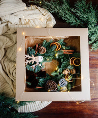 Beautiful christmas wreath at table.