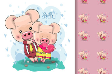 Obraz na płótnie Canvas Two Cute Cartoon Pigs on a blue background for kids