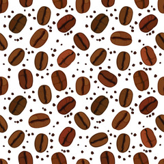 Seamless pattern with illustration of roasted coffee beans and coffee grain. With transparent background