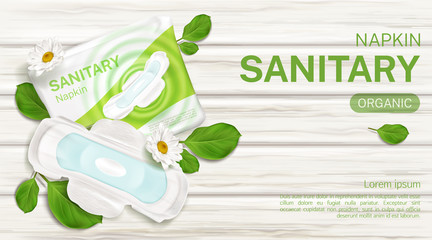 Organic sanitary napkins package with chamomile flower mock up banner. Feminine day time hygienic pad pack, protective product with wings on wooden surface top view promo poster Vector 3d illustration © vectorpouch