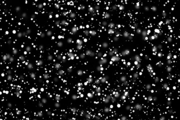 Texture of white snow blurry bokeh isolated black background. falling snow overlay. star sky. Black spots on white background, white drops and spots