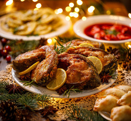 Christmas carp, fried carp fish slices on a ceramic plate on the holiday table, close up....