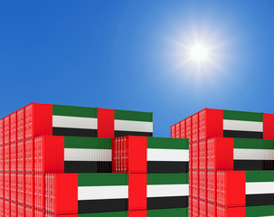 Container yard full of containers with flag of United Arab Emirates Flag. 3d illustration.