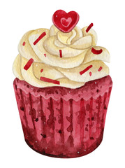 Watercolor illustration of sweet and tasty cupcakes with cream Delicious food illustration.
