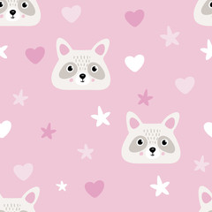 Seamless children's print for girls with cute raccoon heads on a pink background