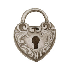 Watercolor illustration of vintage lock  with heart shape