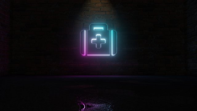 3D Rendering Of Blue Violet Neon Symbol Of Med Kit Icon On Brick Wall