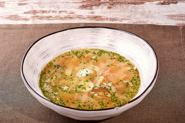 restaurant dish on white and gray plates, on a table