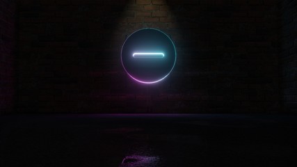 3D rendering of blue violet neon symbol of minus icon on brick wall
