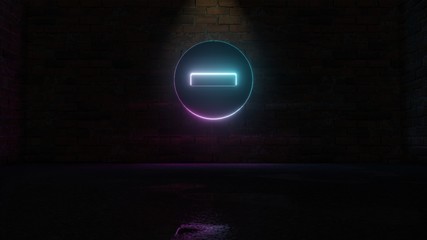 3D rendering of blue violet neon symbol of minus circle icon on brick wall