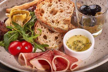 restaurant dish on white and gray plates, on a table