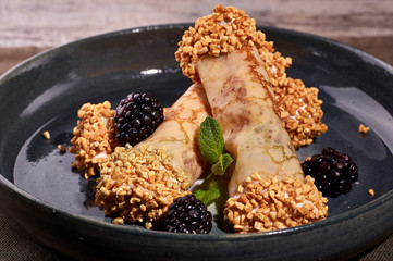 restaurant dish on white and gray plates, on a table