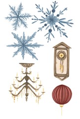 hand drawn isolated watercolor illustration on the white flat background. Nutcracker christmas theme set of objects.
