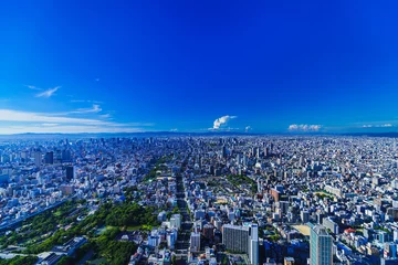 Papier Peint photo Bleu foncé Paysage urbain Osaka Kansai Japon Kita Panorama High Angle Bird& 39 s Eye View Ciel bleu clair Affaires urbaines Immobilier