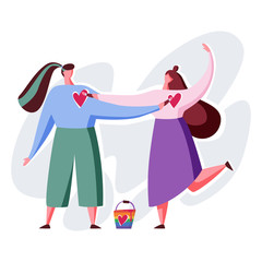 Lgbt couple draws a heart on each other. Transgender romantic partners isolated on white background. Vector illustration in flat cartoon style.