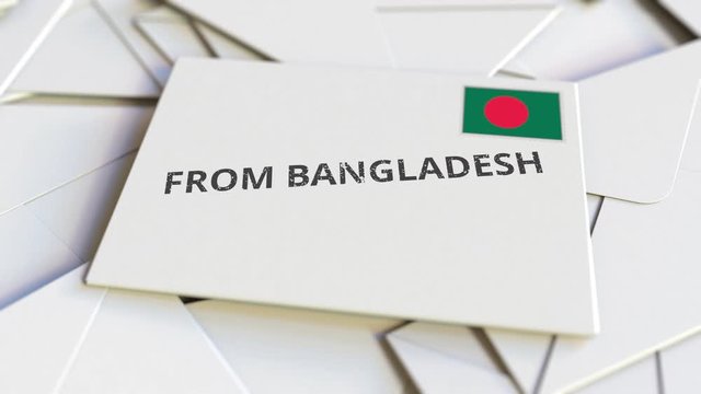Envelope with From Bangladesh text on pile of other envelopes. International mail related conceptual 3D animation
