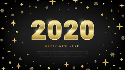 Happy New Year 2020 design concept with golden numbers, star, snowflake, text on black. Gold metallic luxury Christmas background. Vector illustration for web, print, banner, design, greeting card