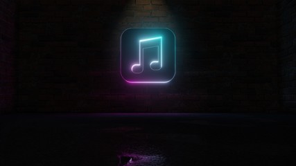 3D rendering of blue violet neon symbol of music icon on brick wall