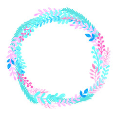 Fototapeta na wymiar Cute cartoon wreath of pink, blue and blue branches on a white background. Winter botanical template for cards, posters and invitations.