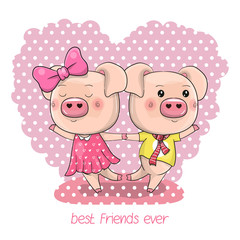 Two Cute Cartoon Pigs on a background of heart