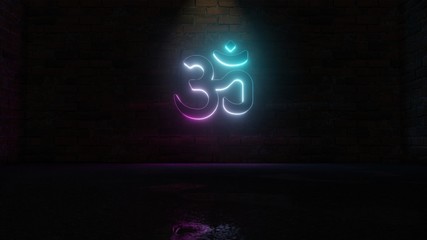 3D rendering of blue violet neon symbol of om icon on brick wall