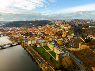 Fototapeta na wymiar Aerial Panoramic View over The Prague City, River, Bridges, Castle and Old Town, Czech Republic