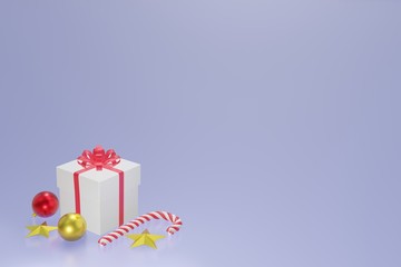White red gift box, Christmas balls, Christmas candy and gold star on blue background, 3d rendering.