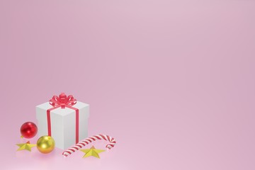 White red gift box, Christmas balls, Christmas candy and gold star on pink background, 3d rendering.