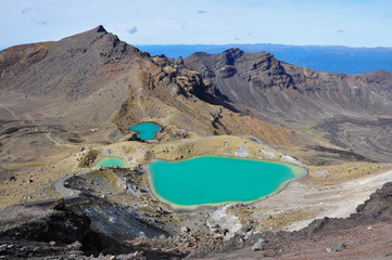 Panorama view of colorful Emerald lakes and volcanic landscape, Tongariro Alpine Crossing, North Island, New Zealand.
