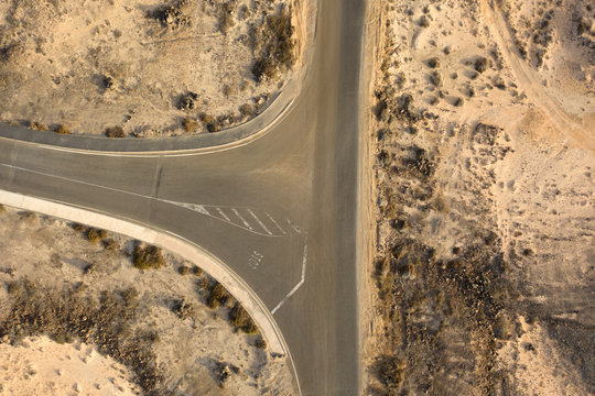 Desert Road Crossroads Junction Top Down Aerial View