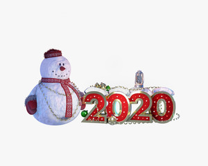 Snowman with the number 2020. White background.