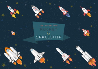 Set of of different rocket and space shuttle, Astronautics and space technology isolated on space background.
