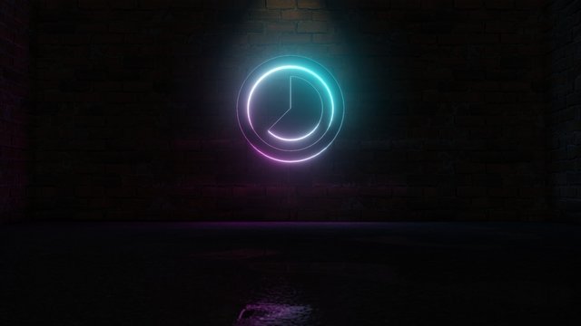3D rendering of blue violet neon symbol of photo  icon on brick wall