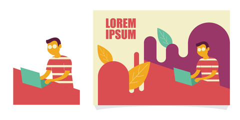 Minimalist vector flat character design on businessman working in office behind her desk with laptop. Man using laptop. Colorful vector illustration for website design or landing web page banner.