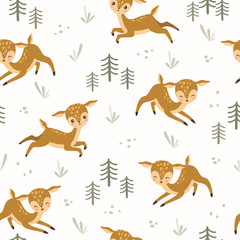 Seamless pattern with cute deers. Cartoon Animals Background, Vector Illustration 