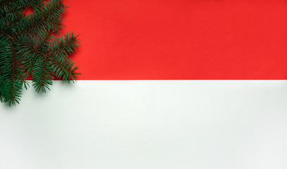 Christmas composition. The border is made of spruce branches on a red and white background. Christmas, winter, New year. Free space for your text.