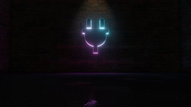 3D rendering of blue violet neon symbol of plug icon on brick wall